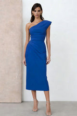 Royal Blue One Shoulder Ruched Pencil Midi Work Dress