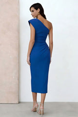Royal Blue One Shoulder Ruched Pencil Midi Work Dress