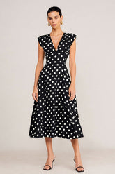 Black and White Polka Dots V-Neck A Line Midi Work Dress