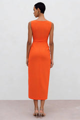 Orange Bateau Neck Ruched Pencil Midi Work Dress with Slit