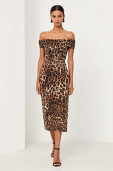 Brown Leopard Print Off the Shoulder Pencil Midi Work Dress with Slit