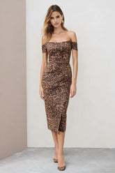 Brown Off the Shoulder Leopard Print Pencil Midi Work Dress with Slit