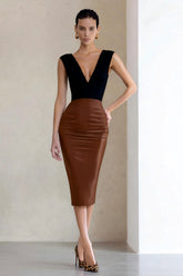 Black and Brown V-Neck Pencil Midi Work Dress with Slit
