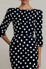 Black and White Polka Dots Bateau Neck 3/4 Sleeves Work Dress