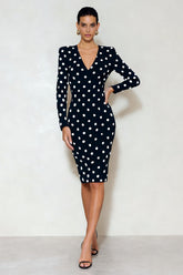 Black and White Polka Dots Pencil Midi Work Dress with Sleeves