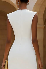 Ivory Crew Neck Pencil Midi Work Dress with Slit