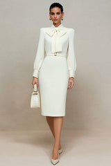 Ivory Pencil Long Sleeves Midi Work Dress with Bow