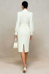 Ivory Pencil Long Sleeves Midi Work Dress with Bow