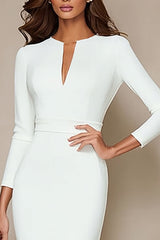 Ivory Pencil Long Sleeves Midi Work Dress with Slit