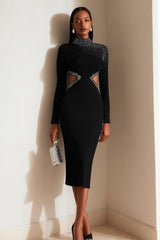 Sparkly Black Pencil High Neck Cut Out Midi Work Dress with Beading