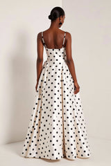 Black and White Polka Dots A Line Satin Spaghetti Straps Long Formal Dress