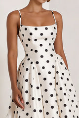 Black and White Polka Dots A Line Satin Spaghetti Straps Long Formal Dress