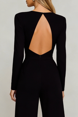 Black Round Neck Satin Long Sleeves Formal Jumpsuits