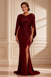Burgundy Mermaid Boat Neck Long Mother of the Bride Dress with Slit