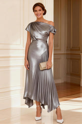 Silver Pleated Metallic Asymmetrical Neck Long Mother of the Bride Dress