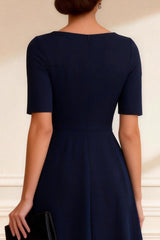 Navy V-Neck A-Line Midi Mother of the Bride Dress with Sleeves