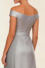 Silver Pleated A Line Off the Shoulder Asymmetrical Mother of the Bride Dress