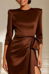 Chocolate Round Neck Satin Ruched Long Mother of the Bride Dress with Sash