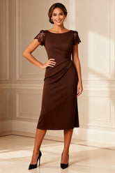 Brown Boat Neck Bodycon Midi Mother of the Bride Dress with Lace