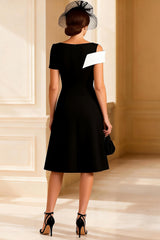 Black and White A Line V-Neck Midi Mother of the Bride Dress with Sleeves