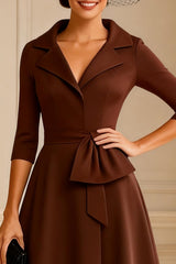 Chocolate A Line Notched Lapel Midi Mother of the Bride Dress with Sleeves