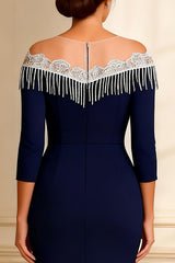 Sparkly Navy Sheath Illusion Round Neck Long Mother of the Bride Dress with Slit