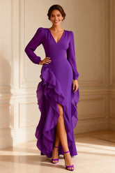 Purple V-Neck Ruffled Asymmetrical Mother of the Bride Dress with Slit