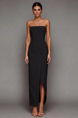 Yellow Satin Strapless Sheath Long Formal Dress with Slit
