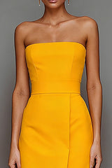 Yellow Satin Strapless Sheath Long Formal Dress with Slit