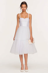 White Tulle Spaghetti Straps Tiered Midi Corset Bridal Shower Dress