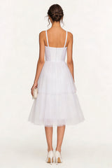 White Tulle Spaghetti Straps Tiered Midi Corset Bridal Shower Dress