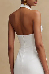 White Halter Neck Bodycon Satin Midi Engagement Dress
