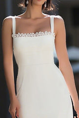 Ivory Square Neck Satin Midi Engagement Dress with Lace