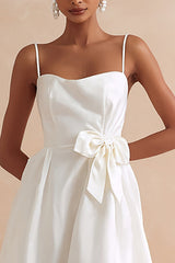 White Spaghetti Straps A Line Midi Engagement Dress with Bow