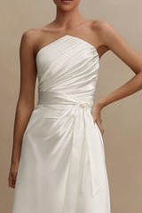 White A Line Strapless Ruched Midi Engagement Dress