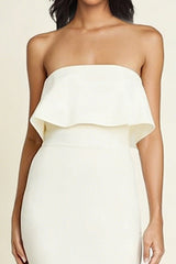 Simple White Sheath Strapless Midi Engagement Dress