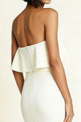 Simple White Sheath Strapless Midi Engagement Dress