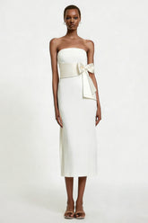 White Strapless Sheath Satin Midi Engagement Dress with Bow