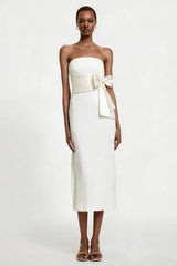 White Strapless Sheath Satin Midi Engagement Dress with Bow