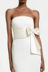 White Strapless Sheath Satin Midi Engagement Dress with Bow