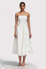 Simple White A Line Strapless Midi Engagement Dress