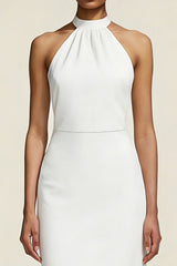 Simple White Sheath Satin Halter Midi Engagement Dress