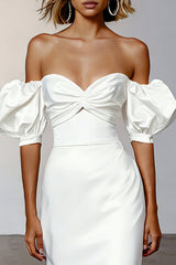 White Puff Sleeves Satin Off the Shoulder Midi Engagement Dress