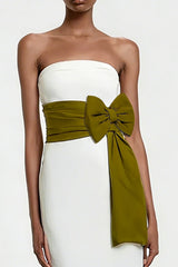 White Sheath Strapless Long Engagement Dress with Bow