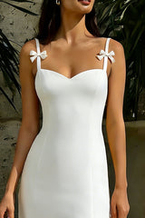 White Sheath Spaghetti Straps Midi Engagement Dress with Slit