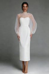 Ivory Sheath Puff Sleeves Midi Engagement Dress