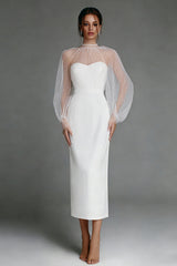 Ivory Sheath Puff Sleeves Midi Engagement Dress