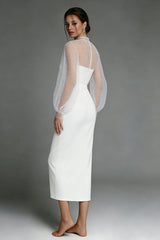 Ivory Sheath Puff Sleeves Midi Engagement Dress
