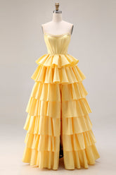 Yellow Ruffled Strapless A Line Long Corset Prom Dress with Pearls