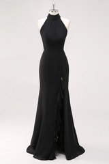 Black Mermaid Halter Neck Ruffled Long Formal Dress with Slit